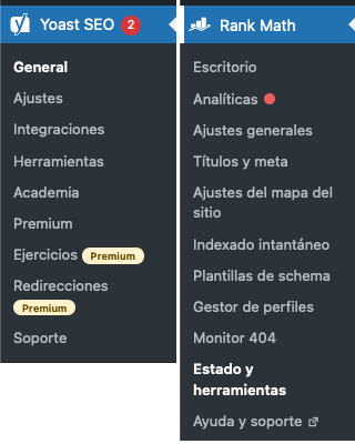 Yoast SEO y Rank Math desde el panel de administrador