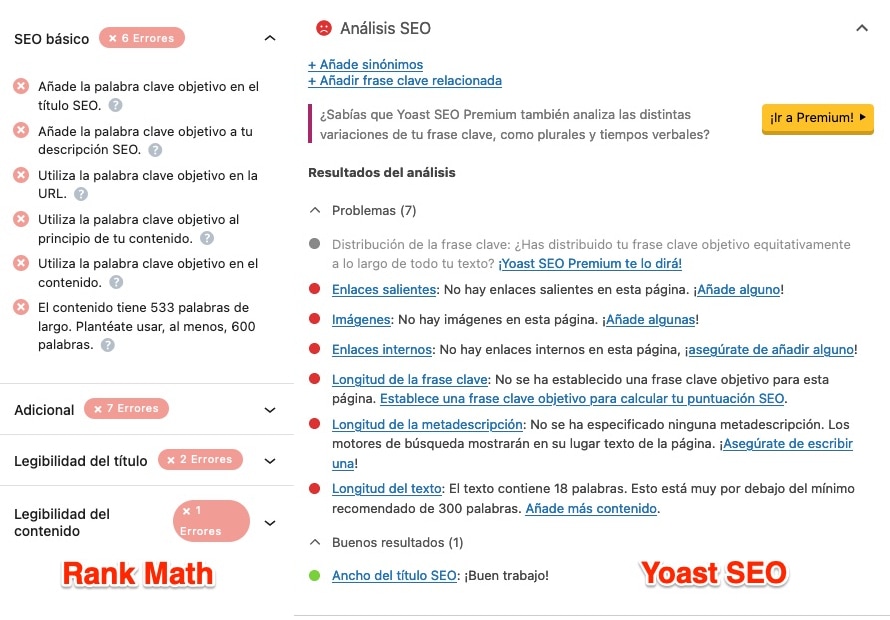 Comparativa de análisis de un artículo entre Yoast SEO y Rank Math